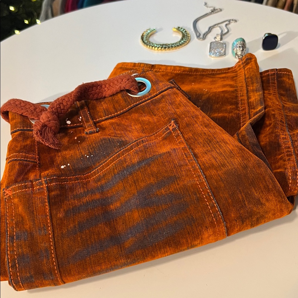 RARE WE THE FREE PEOPLE Tangerine Moxie Barrel Flocked Jeans Orange ๐ - Picture 13 of 14